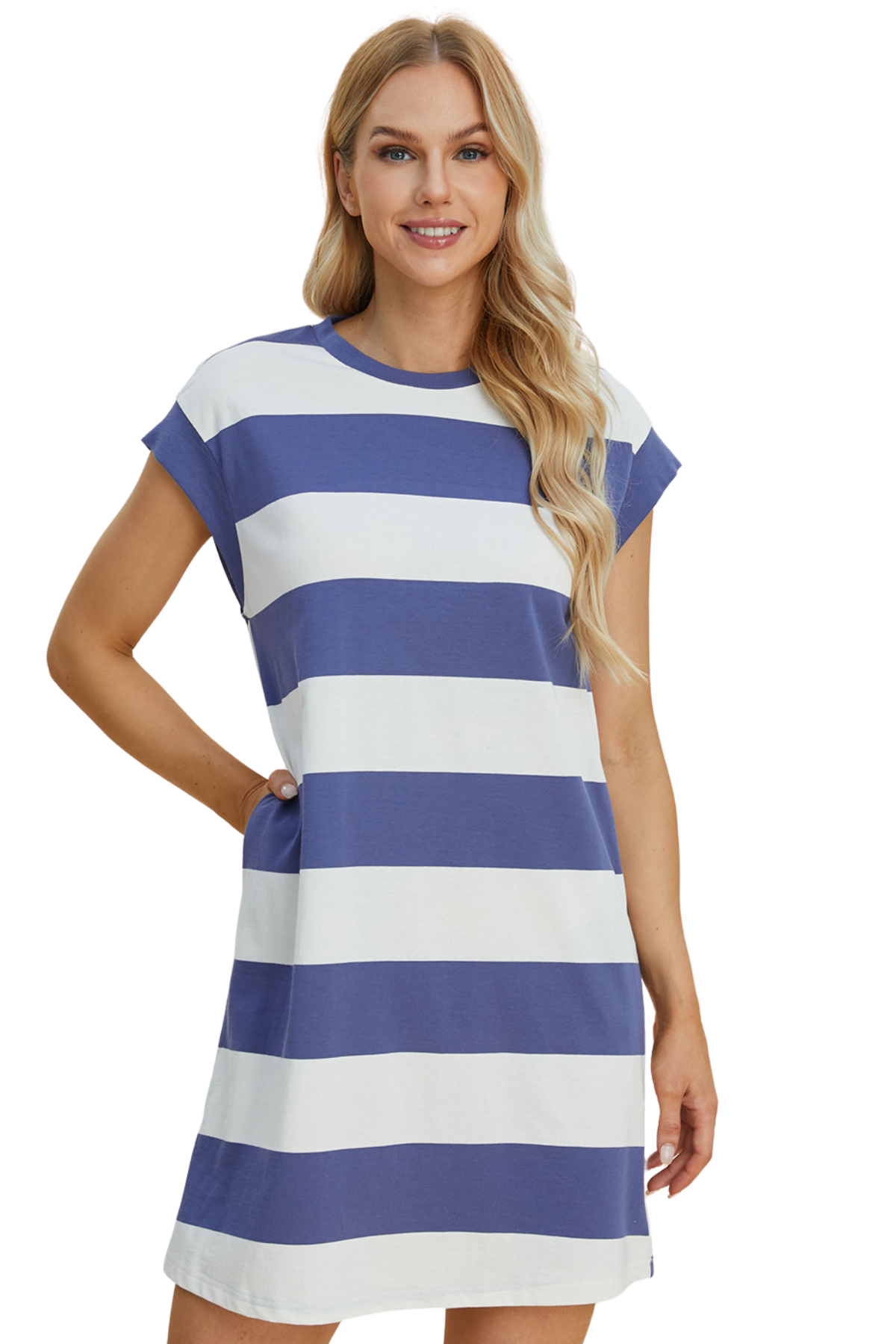 Minivestido básico Bae de tamaño completo con cuello redondo y mangas japonesas a rayas