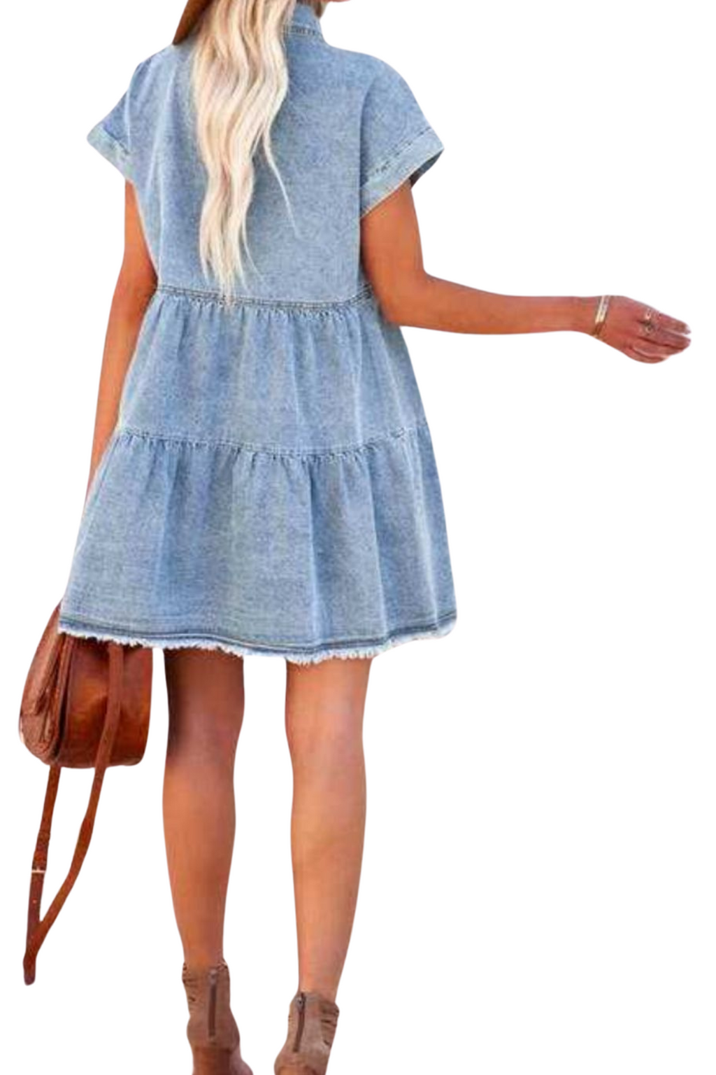 Vestido denim de manga corta con dobladillo sin rematar