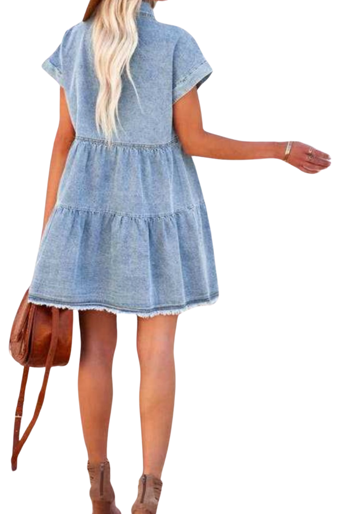 Vestido denim de manga corta con dobladillo sin rematar