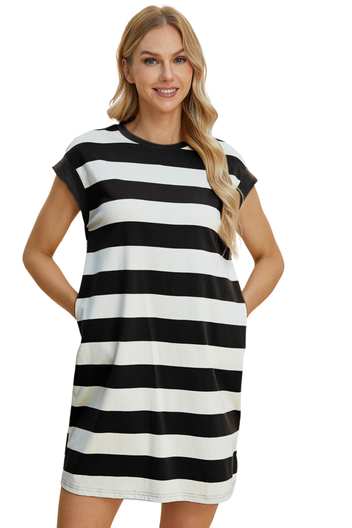 Minivestido básico Bae de tamaño completo con cuello redondo y mangas japonesas a rayas