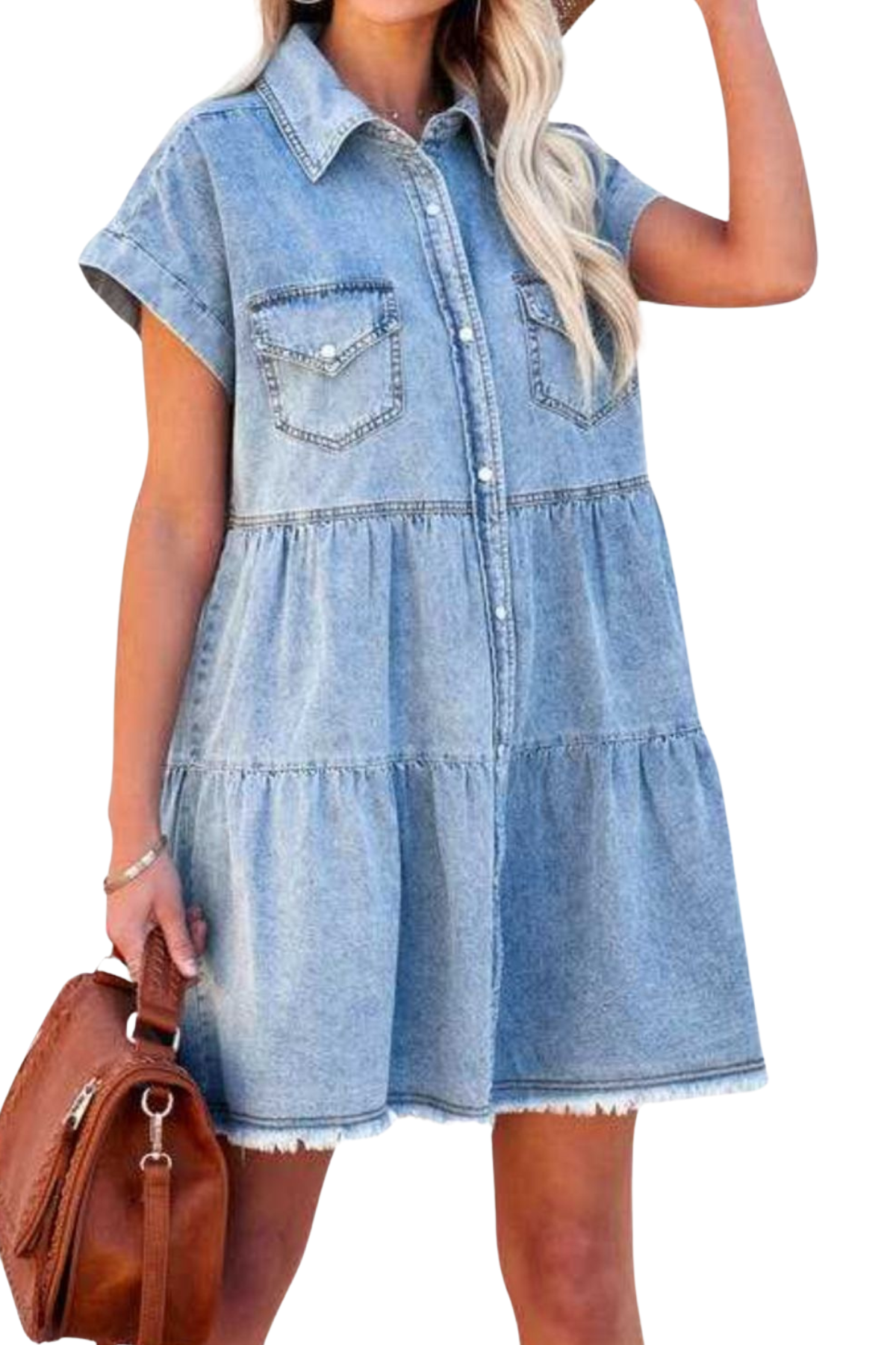 Vestido denim de manga corta con dobladillo sin rematar