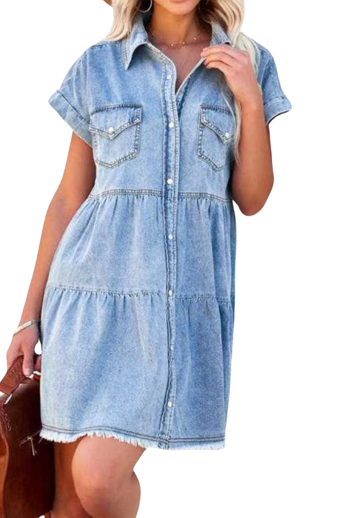 Vestido denim de manga corta con dobladillo sin rematar