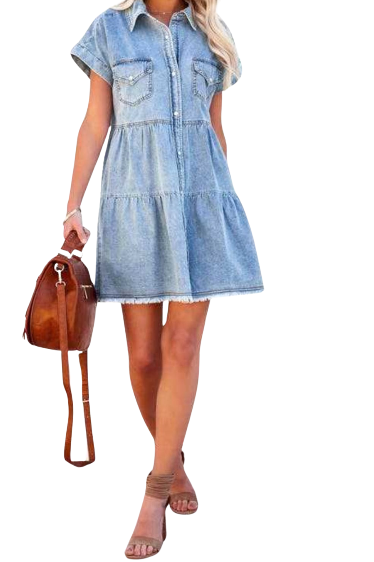 Vestido denim de manga corta con dobladillo sin rematar