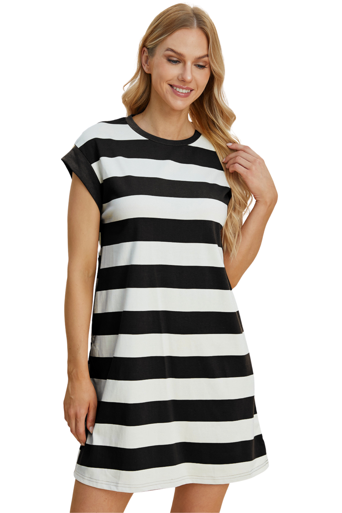 Minivestido básico Bae de tamaño completo con cuello redondo y mangas japonesas a rayas