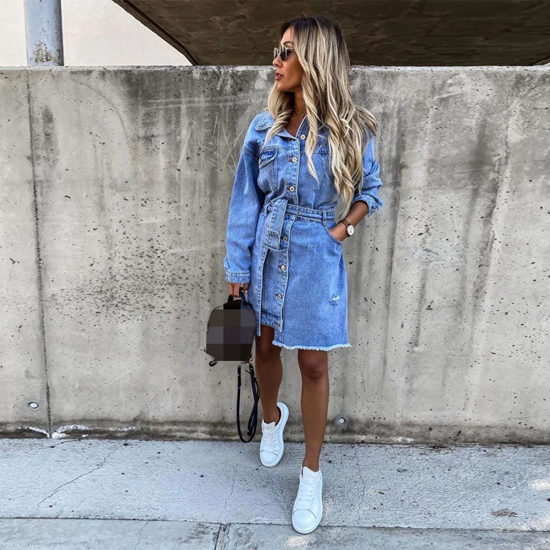 B Sarah - Denim Lapel Long Sleeve Single Breasted Slim Dress