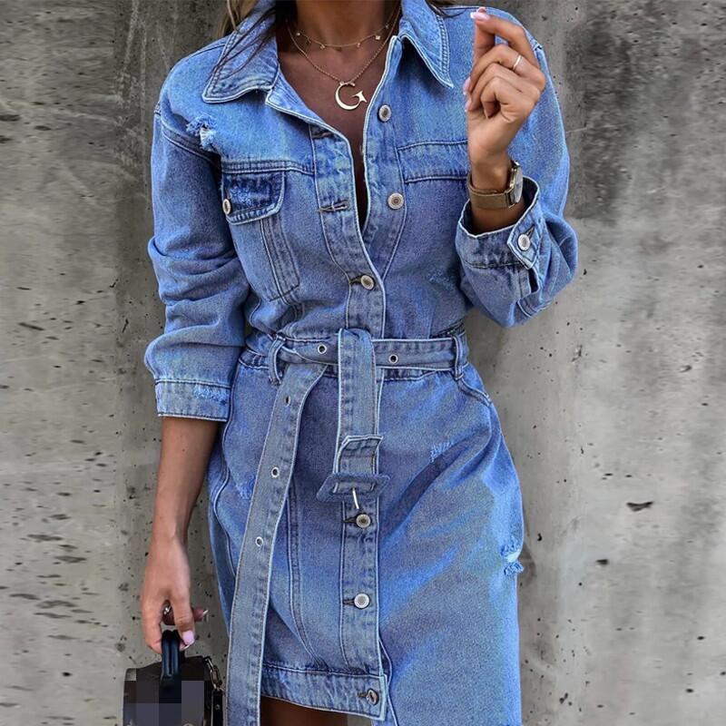 B Sarah - Denim Lapel Long Sleeve Single Breasted Slim Dress